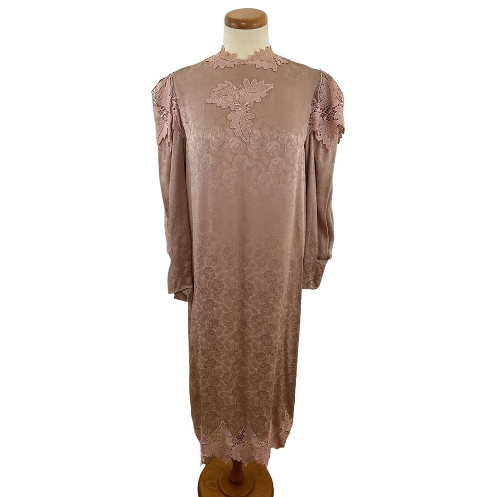 Capriccio by Digna Jacquard Silk Dress Lace Trim Edwardian Victorian Women's 14